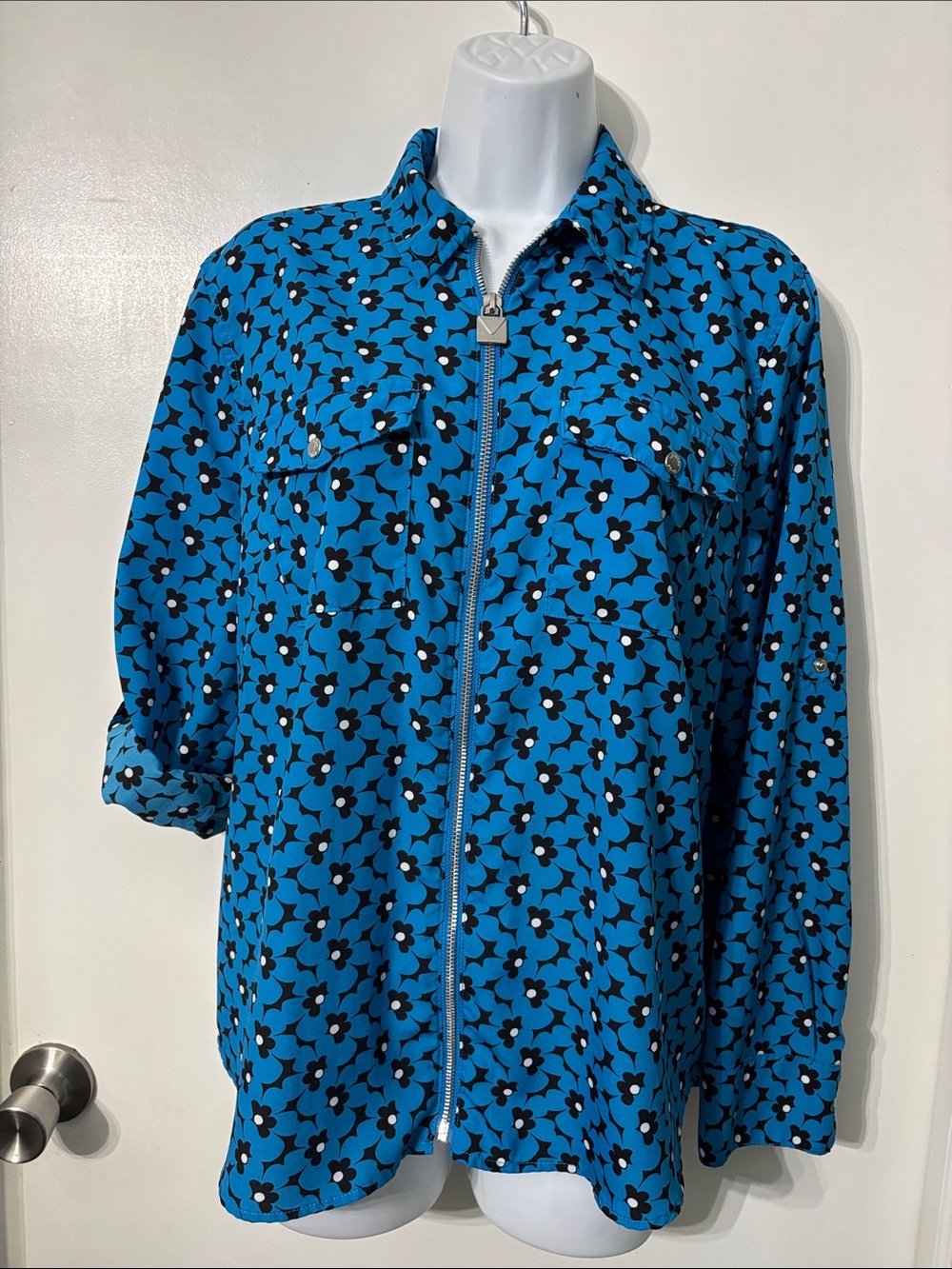 Michael Kors Blue Floral Zip-Front Utility Jacket